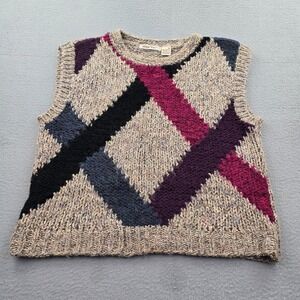 Vintage Hand Knit Chunky Sweater Vest Womens Medium Multicolor Geometric Ribbed